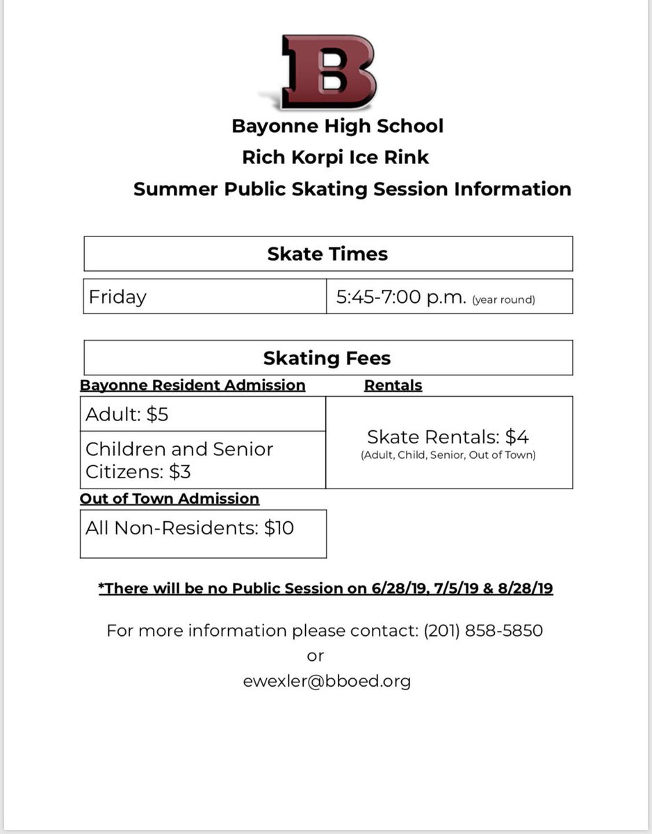Summer Public Skating Information Come cool off on Friday nights! <a href="/BayonneBOE/">BayonneBOE</a> <a href="/BayonneHigh/">Bayonne High School</a> <a href="/CityofBayonne/">City of Bayonne</a> <a href="/HEHHawks1/">Henry Harris School</a> <a href="/JMBCS_Eagles12/">John M. Bailey Comm.</a> <a href="/VroomSchool/">Vroom Comm School</a> <a href="/LincolnLions5/">Lincoln Comm School</a> <a href="/MidtownSchool8/">William Shemin Midtown Community School</a> <a href="/WWWildcatPride/">Wilson Wildcats</a> <a href="/WCSPatriots9/">Washington Community</a> <a href="/OreskoSchool14/">N.Oresko School</a> <a href="/DonohoeSchool/">Mary J. Donohoe</a> <a href="/RobinsonSchool3/">Dr. Walter F. Robinson Community School</a> <a href="/HMSTigers6/">Horace Mann School</a> <a href="/TrusteeMunoz/">Christopher Munoz</a>