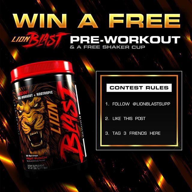LionBlast's tweet photo. Follow, Like, Tag, and Win! Here's your chance to win a free LionBlast pre-workout and a shaker cup. Simply follow us on Instagram, like this post, and tag 3 friends in this Instagram post. Enter as many times as you want by tagging more friends!⠀⠀⠀
… https://t.co/sg3mWmTjAY https://t.co/Gnlb4XgASh