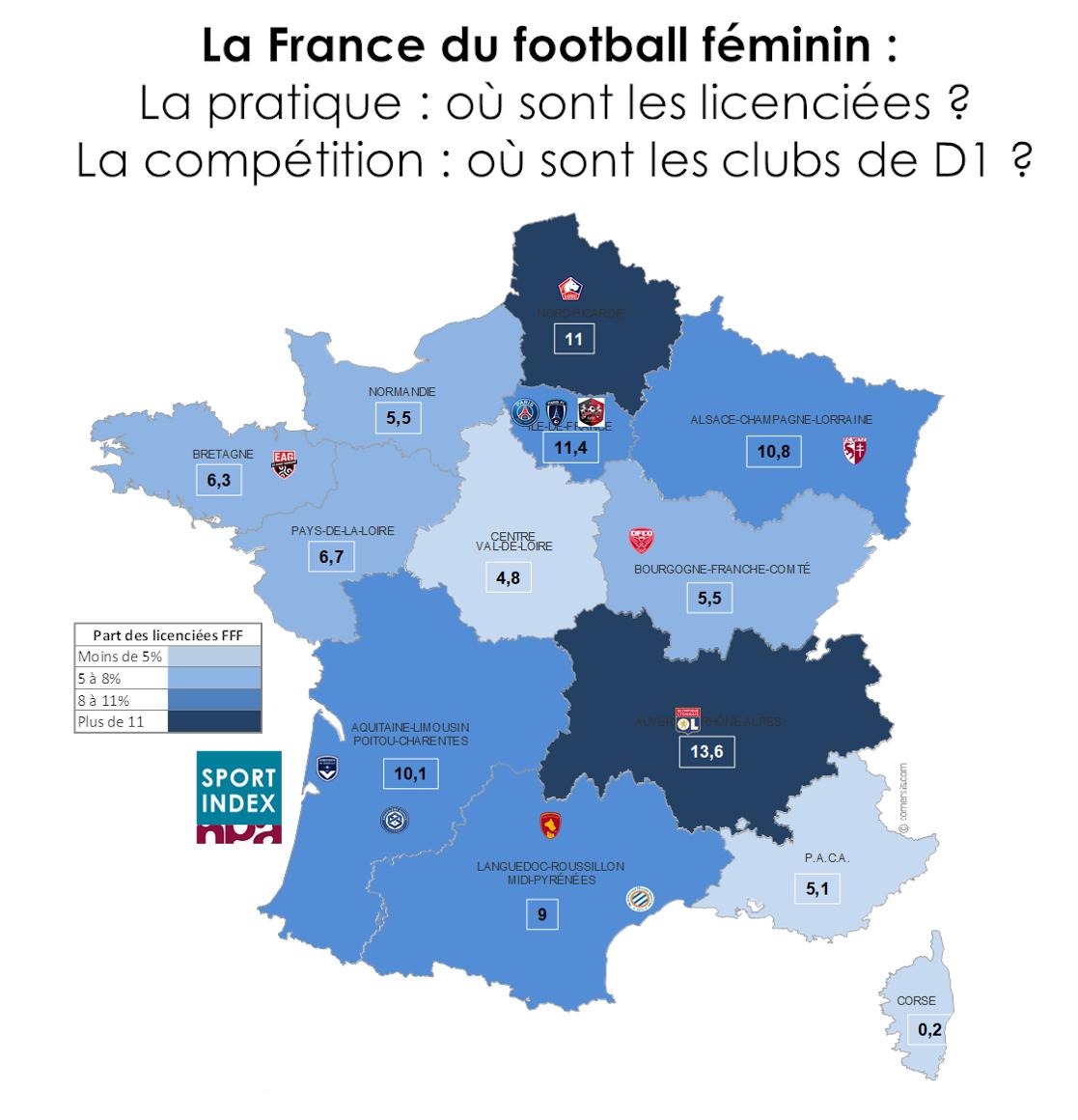 SPORTINDEX1's tweet photo. #Mondial2019 Ca se joue sur 9 stades. Mais au fait, en temps normal, ça se passe où le #Foot féminin ? Avec #SPORTINDEX, la Carte de France des régions qui comptent le plus de licenciées (Félcicitations @auvergnerhalpes @hautsdefrance et @regiongrandest) et des clubs de #D1 https://t.co/OfiMOCraVD