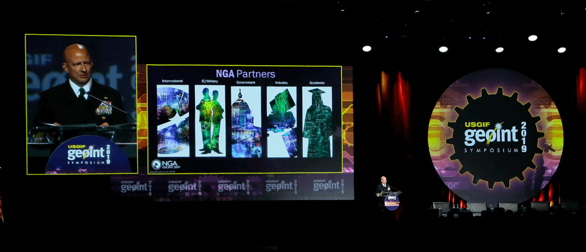 GEOINTsymposium's tweet photo. .@NGA_GEOINT Director VADM Robert Sharp shared a song, NGAโs 2025 strategy, his thoughts on automation & more during his first keynote speech at #GEOINT2019. https://t.co/uINiXjli02 #AI https://t.co/tCg7Ah8C7r