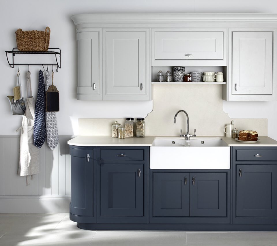 Prussian Blue is our latest dark and moody blue tone added to our refined painted colour palette and shows to be an elegant combination with the smooth tonal Soft Grey shown here in our Langton in-frame range. #PrussianBlue #Burbidgepalette #Langton #In-frame #twotonekitchens