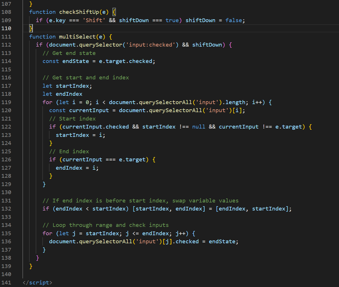 ColoeMatthew's tweet photo. @wesbos not as elegant as your solution to video 10 of #javascript30 but uses variable swapping via destructuring (learned from your https://t.co/Cx8MtfYauD) plus includes "unchecking" boxes as well! https://t.co/vOvguxGKy7