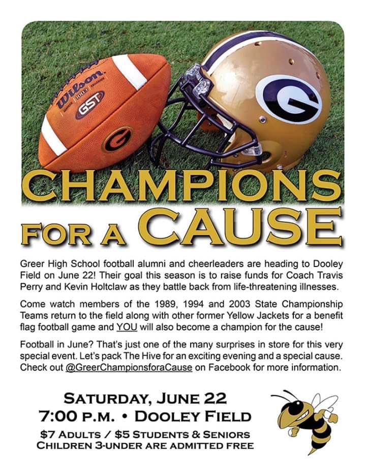 FirstTeamSC1's tweet image. Big day in Greer tomorrow for a special cause! We are proud to support the community and Coach Travis Perry and Kevin Holtclaw as they battle life threatening illnesses. Be a champion for the cause. Donations will also be taken at the field.