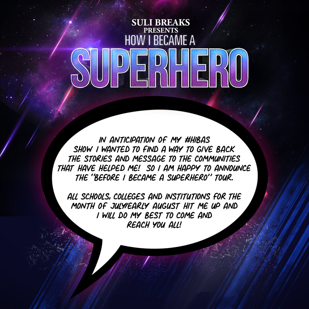 sulibreaks's tweet photo. ANNOUNCEMENT ‼️‼️
In anticipation of my #hibas show i wanted to find a way to give back the stories and message to the communities that have helped me! So i am happy to announced the “Befotre I Became A Superhero” Tour 😌😌😌 https://t.co/48tsfwnruN