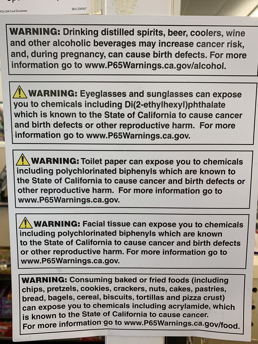 Adub35's tweet photo. Only in California do they have to post warning signs telling you that wiping your ass, blowing your nose, and wearing sunglasses can give you cancer. https://t.co/AYnLANFR10