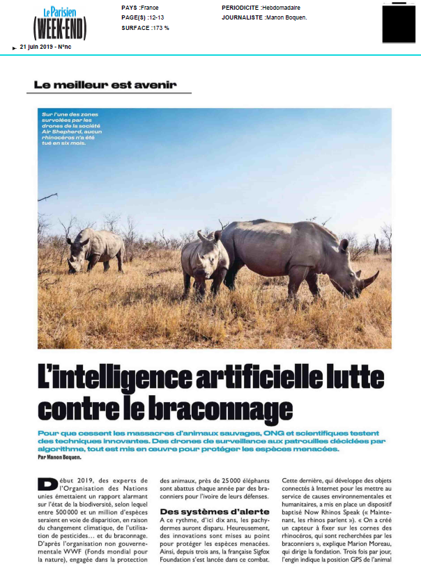 SigfoxNation's tweet photo. Thank you to @LeParisienWE for this nice article today. Our mission @RhinosSpeak for the monitoring and protection of #rhinos is more than ever necessary. Thank you for your support! https://t.co/8874xXki82
