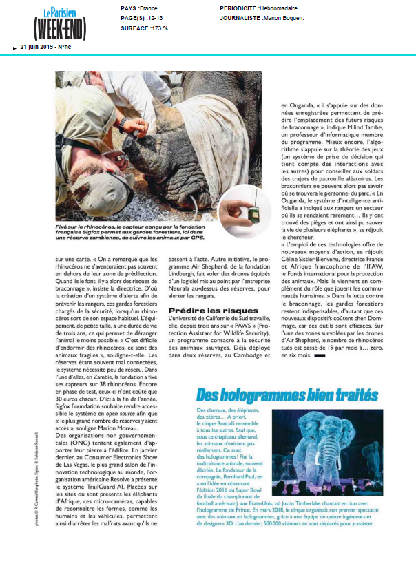 Thank you to <a href="/LeParisienWE/">Le Parisien Week-End</a> for this nice article today. Our mission <a href="/RhinosSpeak/">Now Rhinos Speak</a> for the monitoring and protection of #rhinos is more than ever necessary. Thank you for your support!