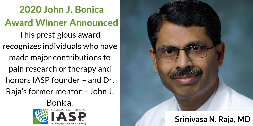 IASPpain's tweet photo. Congratulations to Srinivasa N. Raja, MD for winning the #IASP 2020 John J. Bonica Award for his research and outstanding service to the IASP community. #Congrats 🎉 #HappyFriday #StudyPain Read more: https://t.co/5WIlYEoHor https://t.co/nHDVd7AWF8