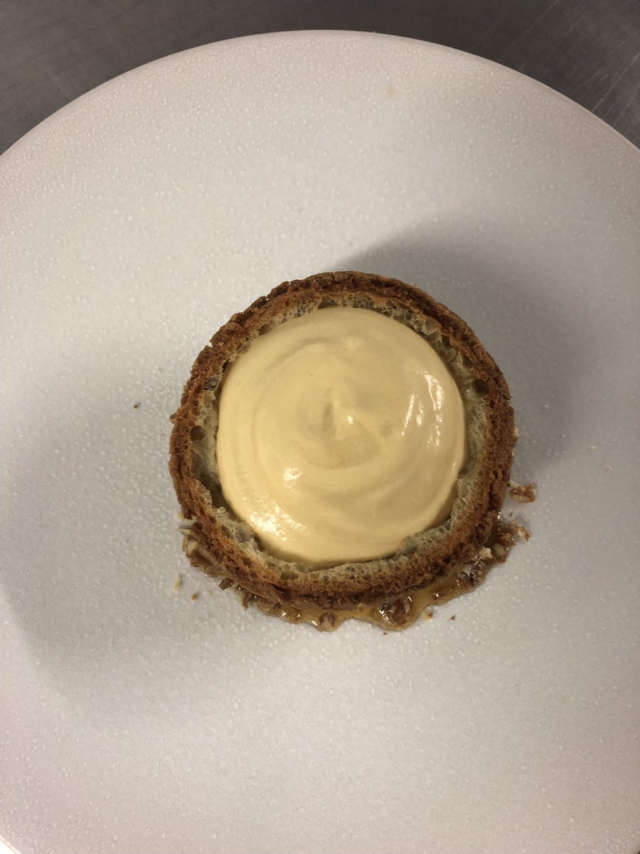 slawfordchef's tweet photo. Here’s a tasty little unit!!! Choux bun, banana, maple, pecan & salted caramel. #nofilter #notovercomplicated #BOSH https://t.co/EPCf0h0Acb