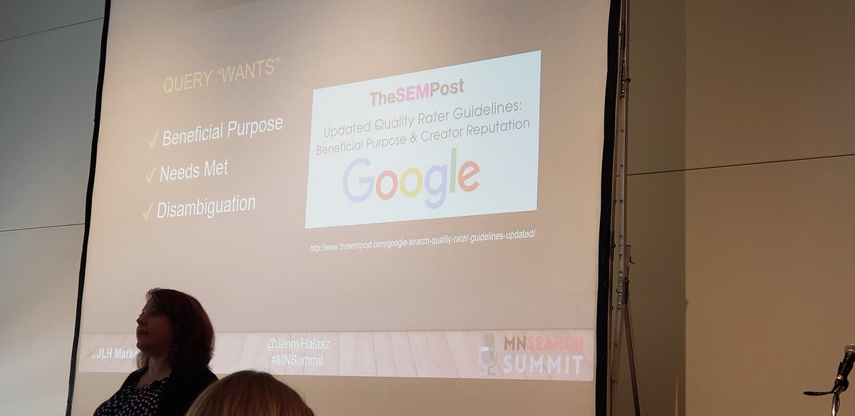 #SEO: If you've not read the "Quality Rater Guidelines", you NEED TO. -<a href="/jennyhalasz/">Jenny Halasz</a>
➡️bit.ly/2RsxNlM <a href="/jenstar/">Jennifer Slegg</a>
#MNSummit