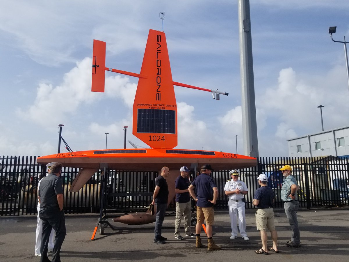 USM_Hydro's tweet image. Hydrographic survey equipment were abundant. Attached is the saildrone, water elevation monitoring buoy and and unmanned surface vessel.