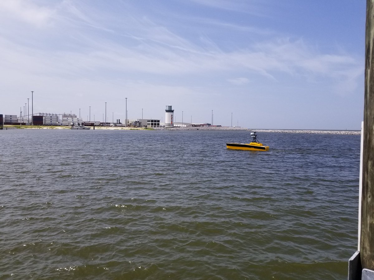 USM_Hydro's tweet image. Hydrographic survey equipment were abundant. Attached is the saildrone, water elevation monitoring buoy and and unmanned surface vessel.