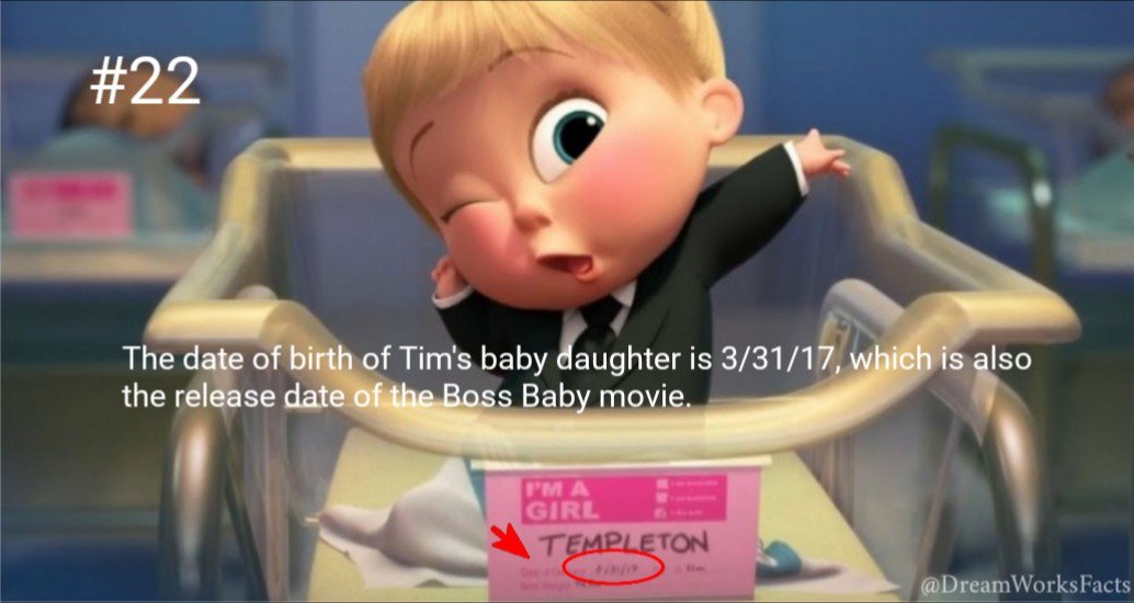 DreamWorksFacts's tweet photo. The date of birth of Tim's baby daughter is 3/31/17, which is also the release date of the #bossbaby movie.

#DWA #EasterEggs #FunFacts #HiddenDetails https://t.co/MCw1AE1aUp