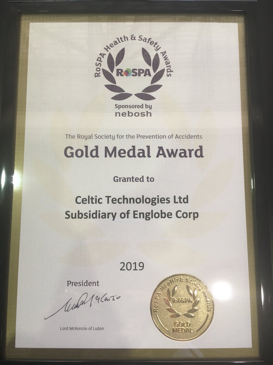 Fantastic day for @CelticTechLtd as M.D. Julia Roberts &amp; H&amp;S Manager  Trevor Bamber received our #RoSPA Gold Medal, awarded for 5 consecutive Gold Awards &amp; in recognition of our #safety &amp; #health performance &amp; #remediation #RoSPAWinner <a href="/Englobe_corp/">Englobe</a> <a href="/BiogenieUKLtd/">Biogenie UK Ltd</a> #rospaawards