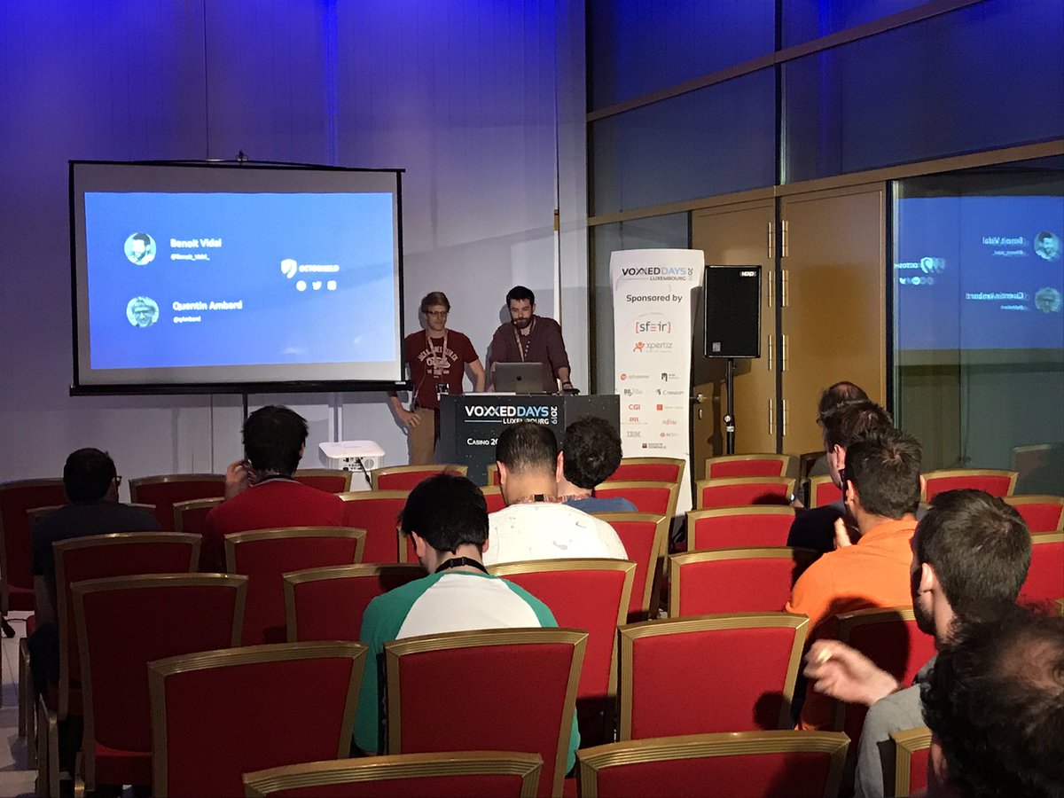 clunven's tweet photo. @qAmbard &amp; @Benoit_Vidal_ presenting chaos testing here at #voxxed_lu with octoshield solution !!  Looks nice ! “Shit Happens” be ready. https://t.co/9CpyNzxU8D