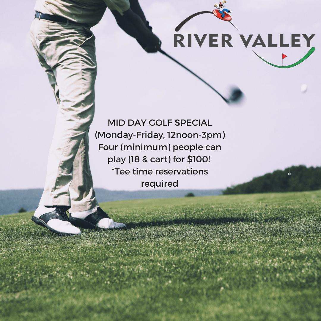 MID DAY GOLF SPECIAL ⛳🏌️‍♂️🏌️‍♀️
(Monday-Friday, 12noon-3pm)
Four (minimum) people can play (18 &amp; cart) for $100 
**Tee time reservations required 📱