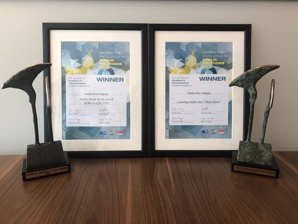 Dublin Port Company were absolutely honoured to win not one but two #PRAwards19 today!! 🏆🏆for our campaigns with @GibneyComm on relaunch of #LiffeyFerry &amp; #BrexitBuster <a href="/PRII_ie/">PRII.ie</a> <a href="/PRCA_Ireland/">PRCA (Ireland)</a>