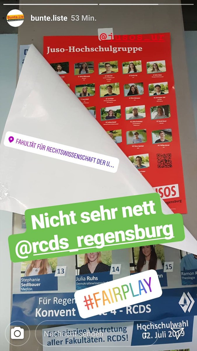 Jusos_UR's tweet photo. Erst früher als erlaubt plakatieren und dann auch noch überkleben. Typisch #RCDS halt. #fairplay 

Danke für den Hinweis, @BL_rgb.

#hopotweet #Jusos #JusoHSG https://t.co/vi11QayoJY