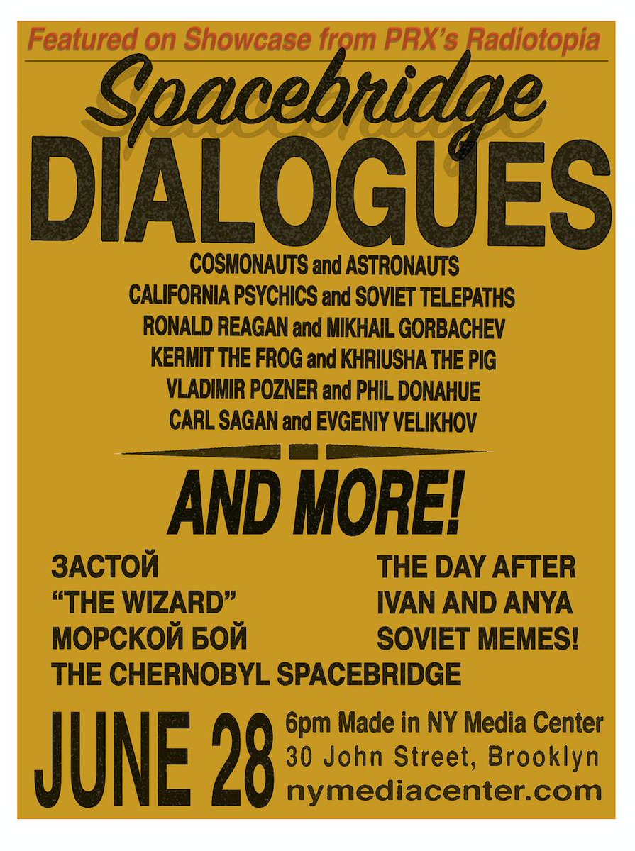 radiotopia's tweet photo. Attention NYC: the Spacebridge #RTShowcase series is hitting the road for one night only on 6/28! Join producers and hosts @bartona104 @cwmiii3 @juliacalsop at the @MadeinNY Media Center.
Listen to the series here: https://t.co/WJHMw14mVW. https://t.co/K1JSlUzEXg