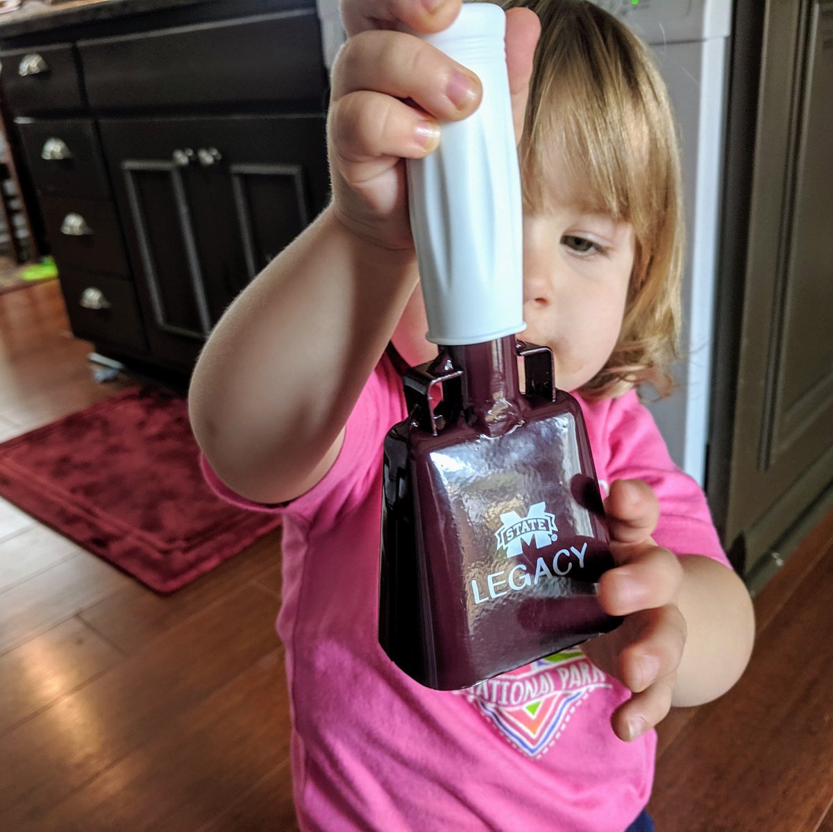 SophieAKershaw's tweet photo. My littlest Bulldog loves her birthday cowbell from @MSStateAlumni's Legacy program. #HailState #WeRingTrue #SheRingsTrue #MSStateLegacy https://t.co/ha6ZpiAVoA