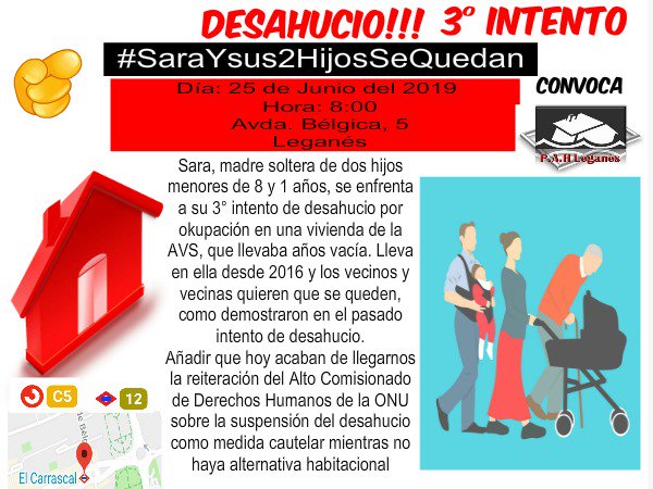 El alto comisionado de Derechos Humanos se reitera en pedir la paralizacion,mientras no haya alternativa habitacional
Se dará por enterada la <a href="/ComunidadMadrid/">Comunidad de Madrid</a>
ACUDE,DIFUNDE,PARTICIPA
<a href="/AV_Zarzaquemada/">AV Zarzaquemada</a> 
<a href="/leganemos/">Leganemos . #TrabajandoporLeganescontigo</a> 
<a href="/AVVLNORTE/">Asociación Vecinal Leganés Norte</a> 
<a href="/SanNicasio/">San Nicasio</a> 
<a href="/AVBarrioCentro/">AV Barrio Centro</a> 
<a href="/AVV_Vereda/">A.VV. Miguel Hernández</a>