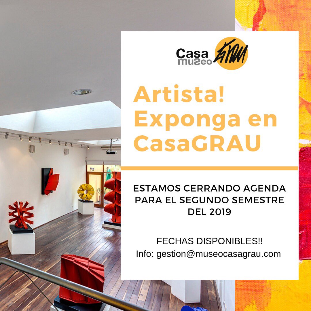 MaestroGrau's tweet photo. Información importante‼️🎨✨
Si eres aritisha y quieres exponer en #CasaGRAU , esta información es para ti: 
Estamos cerrando nuestra agenda para el segundo semestre de este año, aún tenemos fechas disponibles.
Info: gestion@museocasagrau.com https://t.co/Q1OHsHKneC