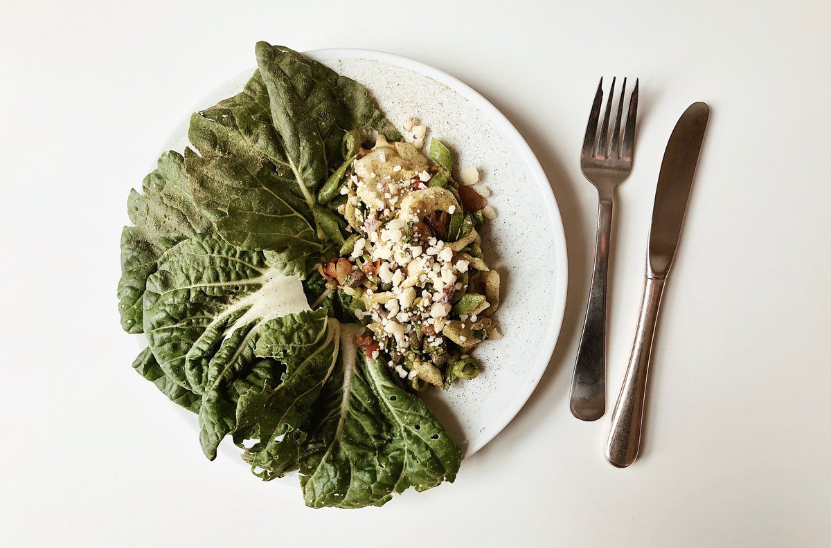 Shaved Bok Choy w/ sugar snap, calabrian chili, moliterno cheese, sorrel vinaigrette