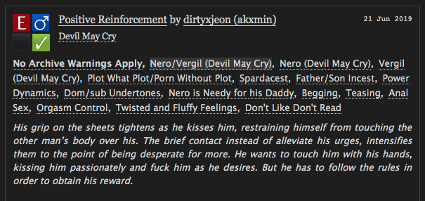 AKXMIN's tweet photo. #Spardacest #Devilcest #NeroVergil #NV
Fic // Positive Reinforcement - Vergil isn't generous, Nero is insatiable (but loves this game)
https://t.co/YpvPWGPIAu https://t.co/IhLnBmMNyZ