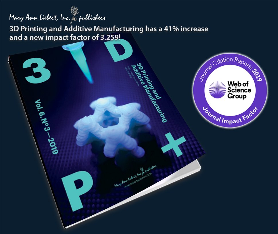LiebertPub's tweet photo. 3D Printing and Additive Manufacturing has gained a 41% increase and a new impact factor of 3.259! Congratulations to @SkylarTibbits and the @3DPrintingJrnl team for making this happen. 

#JCR2019 #3DPrinting https://t.co/m3ORWS0ojH