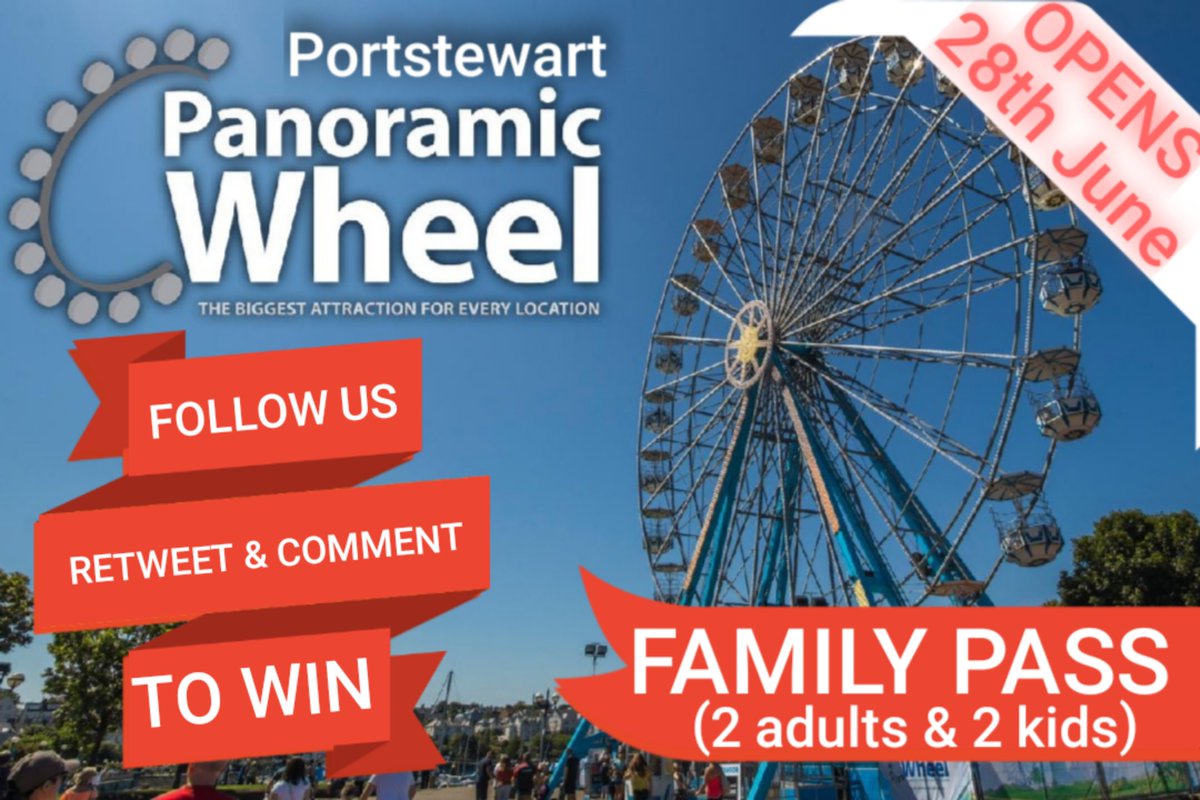 PortstewartProm's tweet photo. COMPETITION TIME
🎡🎡🎡🎡🎡🎡🎡🎡
We have 5x Family Passes to giveaway for the new #Portstewart Panoramic Viewing Wheel coming to the Crescent from 28th June!

Simply follow us, retweet and comment this post.
Entries pooled with Facebook post.
Closes midnight 27th June. T&amp;Cs. https://t.co/Z5RTGXMxLG