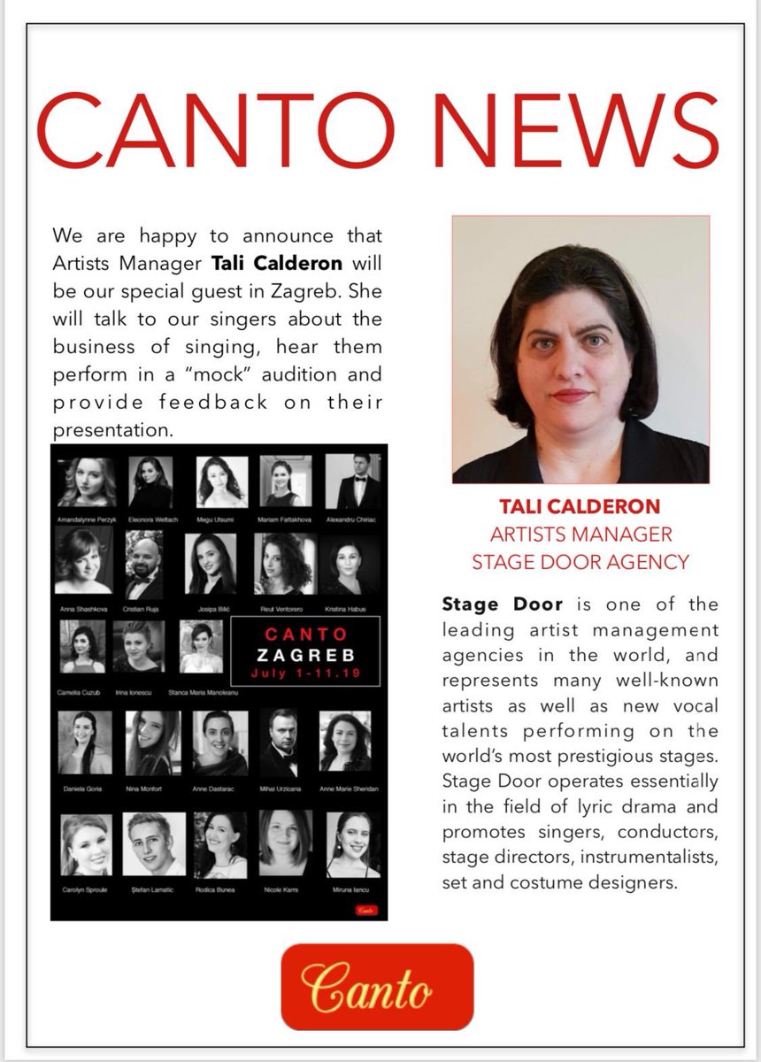 CantoPrograms's tweet image. We are thrilled to have Tali Calderon from @StageDoorAgency work with our artists in #Zagreb! She will present a lecture on the business of singing, hear “mock” auditions, and provide general feedback on their presentation.

#opera #operasinger