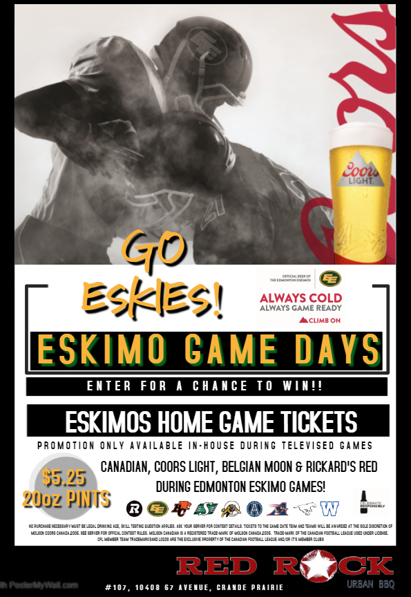 RedRockUrbanBBQ's tweet photo. @EdmontonEsks Football season is here!

Enter for your chance to WIN! @EdmontonEsks Home Game Tickets! Sweeet!

Catch all the action at @RedRockUrbanBBQ &amp; enjoy some great food and cold beer while watching the game.

$5.25 20 oz Pints of select @MolsonCoors products. https://t.co/Gxby2lI36V