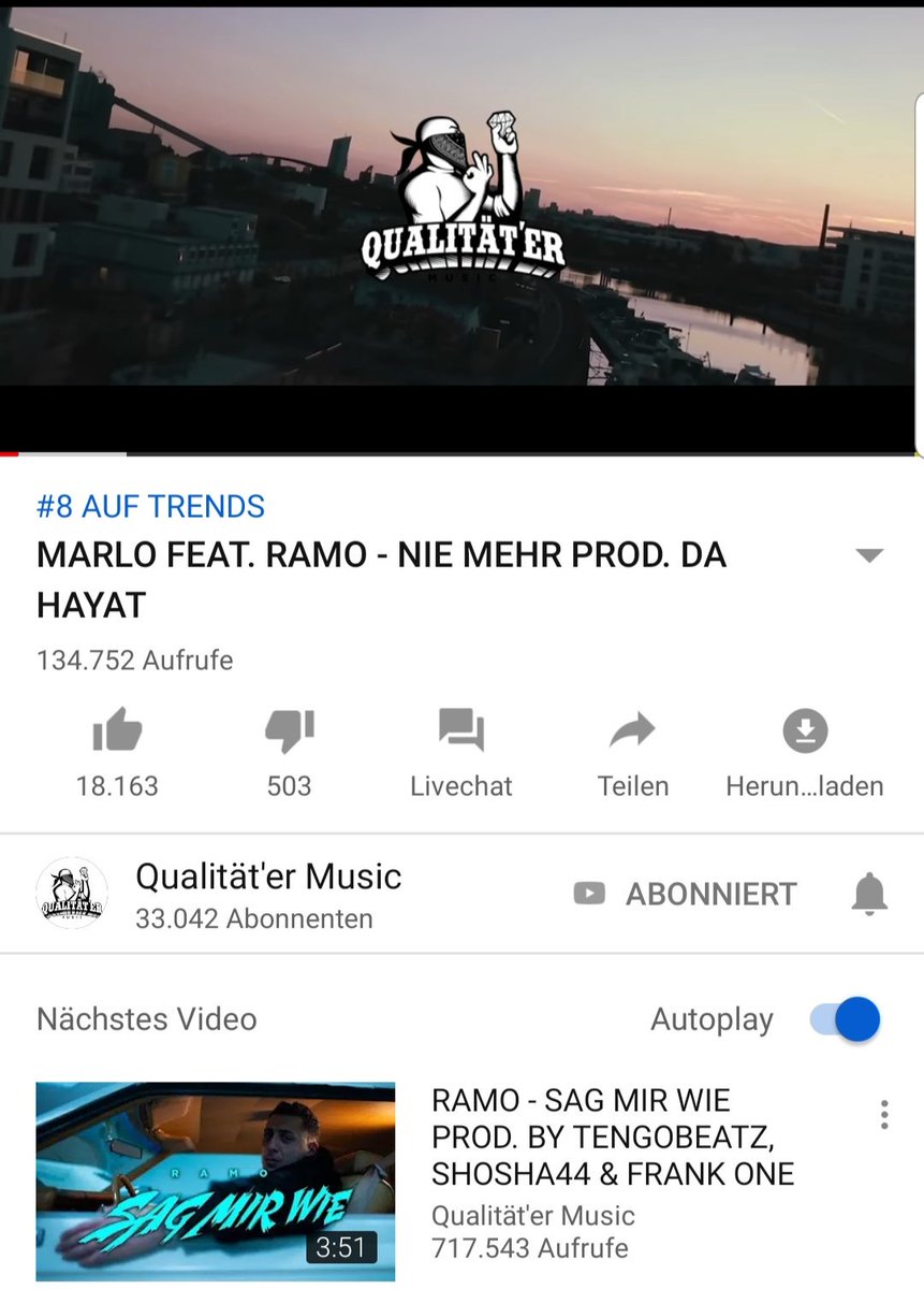 MARLO FEAT. RAMO - NIE MEHR 

Platz 8 auf Trends.

Danke Löwen!