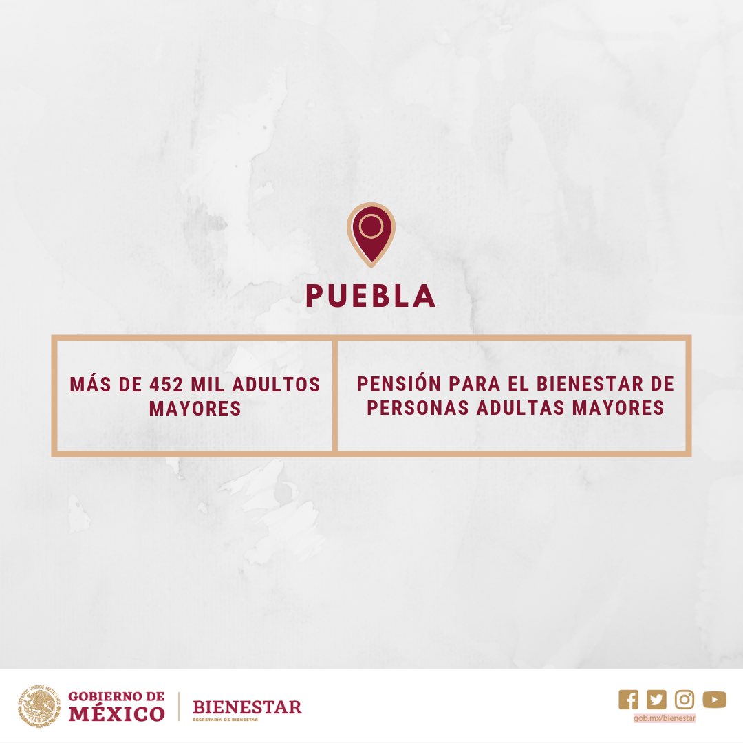bienestarmx's tweet photo. La Pensión para el #Bienestar de Adultos Mayores es un acto de elemental justicia social.

En #Puebla beneficiará a más de 452 mil personas y en San Martín Texmelucan se apoyará a más de 9 mil personas adultas mayores.

#ProgramasBienestar https://t.co/0cETayQC9F
