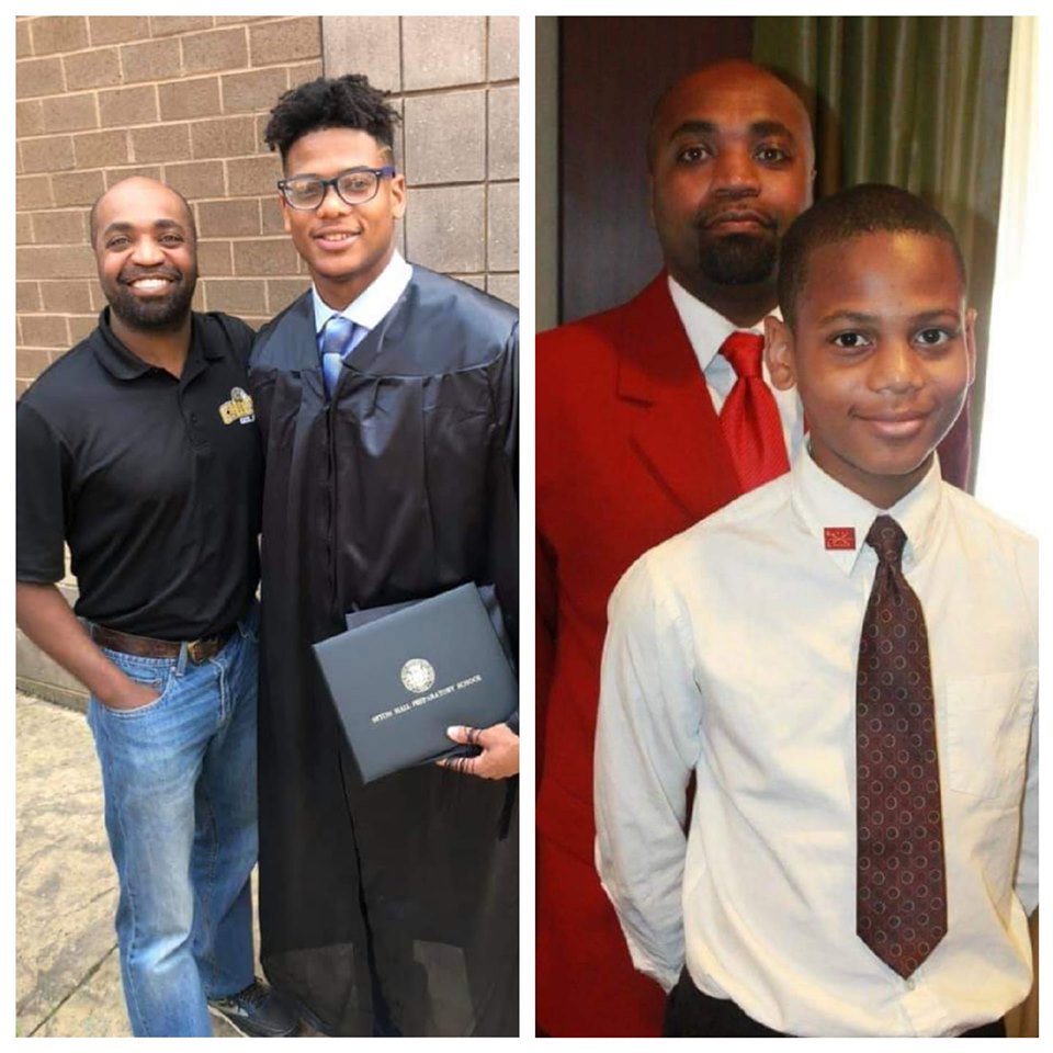 BBBS_EHU's tweet photo. Cheering Little Brother Elie along at his HS graduation en route with full ride to the College of NJ! Alongside him Big Brother LMani. Great "then &amp; now" pic. 8yrs!! #GraduationSeasonIsTheReason #MentoringMatters #MentorIRL #MBK #MBKRising #MentoringWorks #BBBS @LManiSViney #NJ https://t.co/2QTOrIIiak