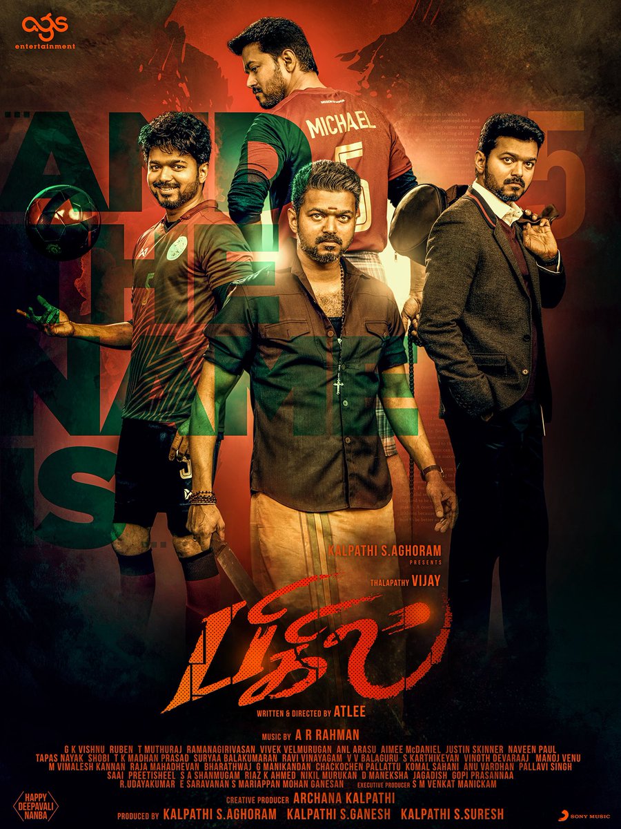 Kalpathi S Aghoram proudly presents our #Thalapathy @actorvijay as #BIGIL @Atlee_dir @arrahman @Ags_production @dop_gkvishnu @muthurajthangvl @AntonyLRuben @gopiprasannaa #Bigil2ndLook #HappyBirthdayThalapathy