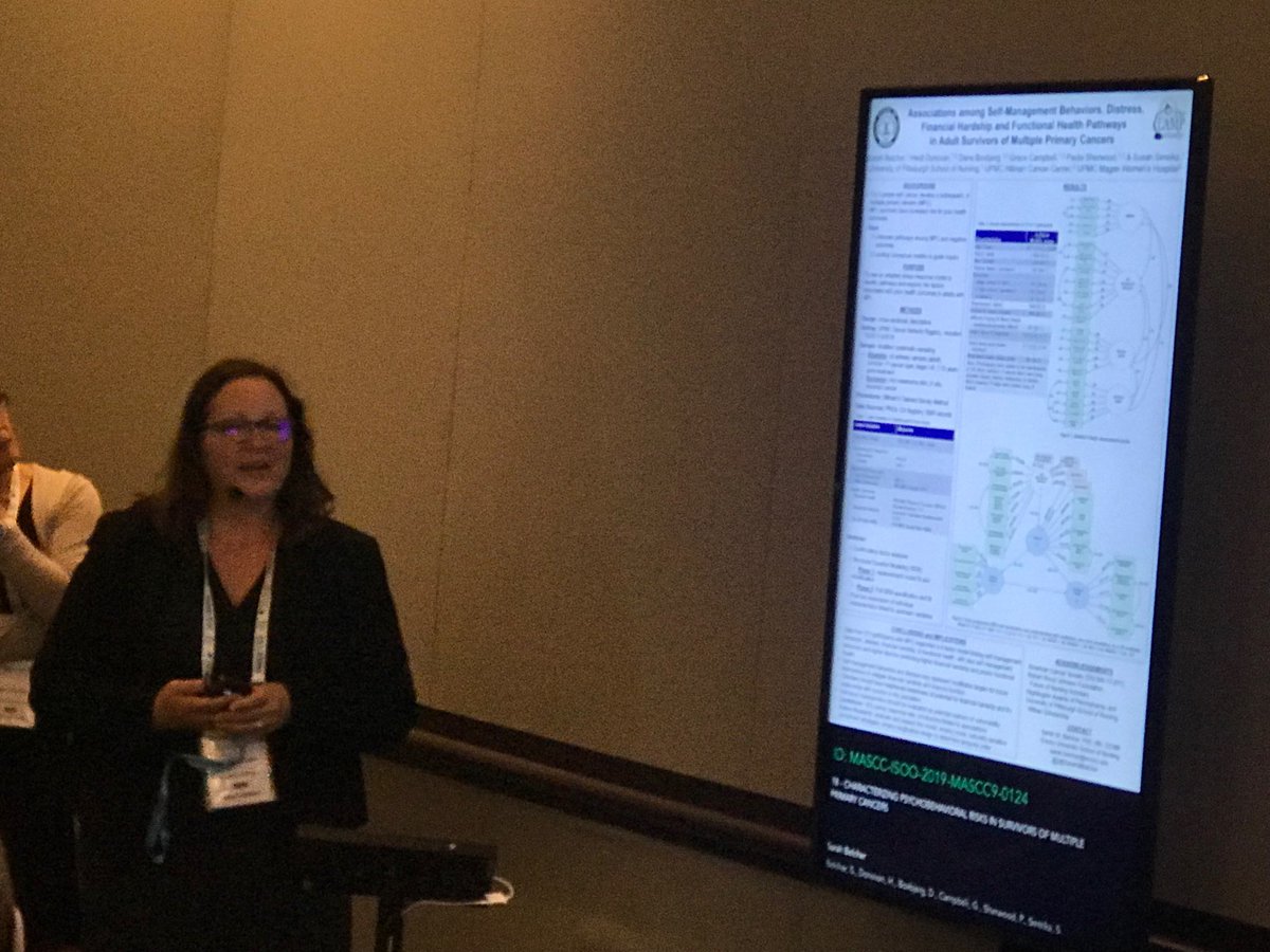 ⁦@SarahMBelcher⁩ rocks her poster presentation at #MASCC2019 #multipleprimarycancers #financialhardship #survivorship