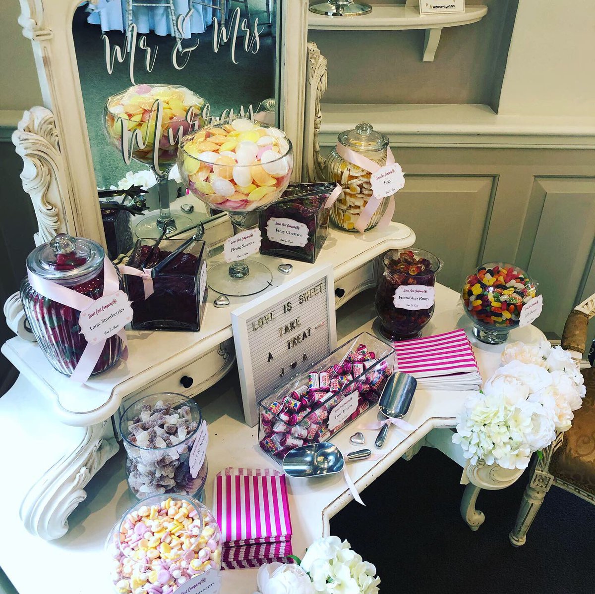 We have seen an increase in popularity of having a #dressingtable as a #sweettable instead of a #wedding #sweetcart. we supplied all of the glassware,sweets, sweet bags,scoops, tongs and labels with ribbon for this lovely dressing table 🤵🏼👰🏻🥂🍾🍭🍫🍬 #greatideas #congratulations