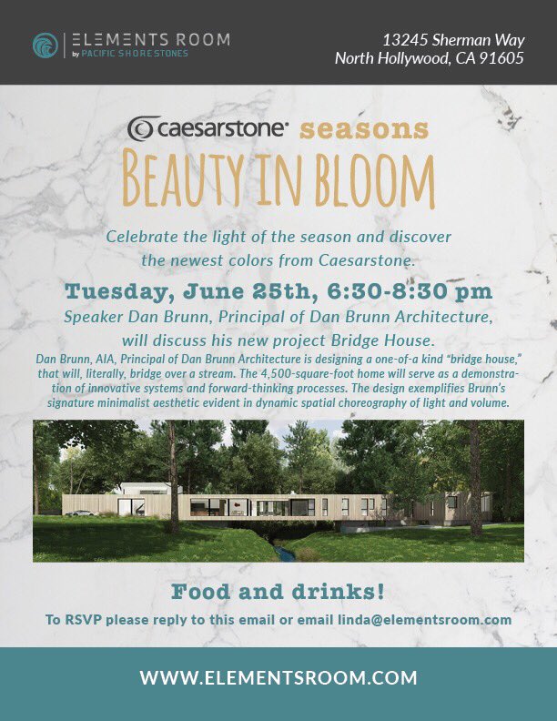 Join us at <a href="/elementsroom/">Elements Room</a> on Tuesday for the launch of <a href="/Caesarstone/">Caesarstone Int.</a> Spring Colors! Listen in on <a href="/dbarchitecture/">Dan Brunn Architecture</a> talking about his work on the #BridgeHouse, enjoy amazing food/drinks &amp; #network with industry professionals. Message us to RSVP &amp; save your spot!! 
#caesarstone