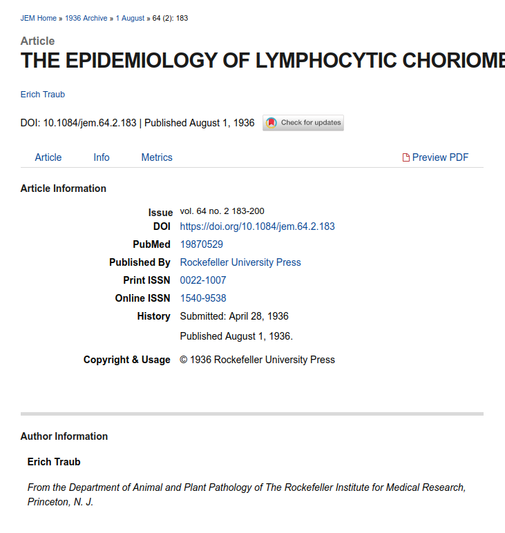 Ft. Detrick was of course *the* hub for paperclipped Nazi biowarfare researchers like Erich Traub, who started his career at the Rockefeller Institute for Medical Research:  https://doi.org/10.1084/jem.64.2.183