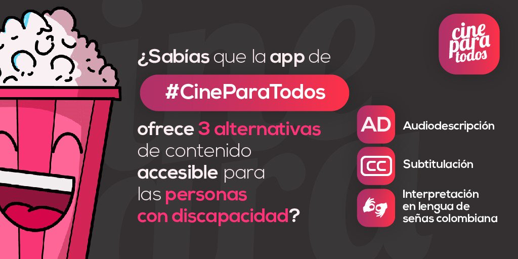 Ministerio_TIC's tweet photo. ¿#SabíasQue la app #CineParaTodos facilita a las personas con discapacidad visual, auditiva y cognitiva disfrutar gratuitamente del séptimo arte a través de 3 formatos totalmente accesibles? Descarga la app en tu celular. https://t.co/d7eAESvVU3