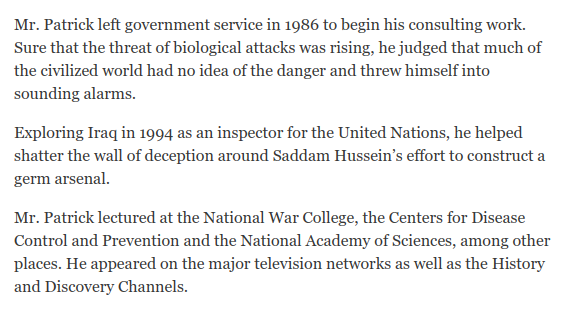 Patrick of course was not one of those deaths. He died in 2010 after a long career working for the Pentagon in the private sector to scare up demand for "research."  https://www.nytimes.com/2010/10/11/science/11patrick.html