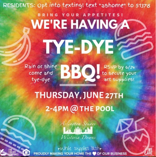 We’re having a tie-dye barbecue!! Come join us to munch on some awesome food and make a super cool tie dye pillow case that will take your apartment decorations to the next level!! Spots are limited to be sure to RSVP ASAP by giving us a call or sending us an email!