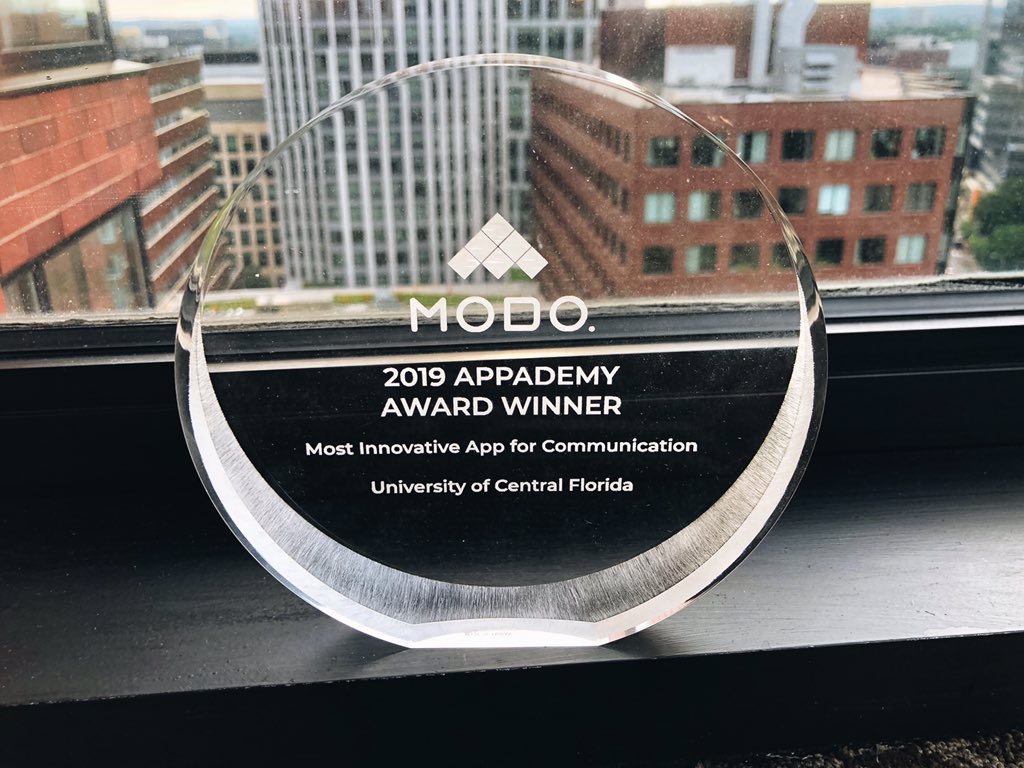 UCF's tweet image. When innovation is top-notch, so are the awards 🏆 

Congrats to @ucfmobile for winning the 2019 A̶c̶a̶d̶e̶m̶y̶ Appademy Award for Most Innovative App for Communication
