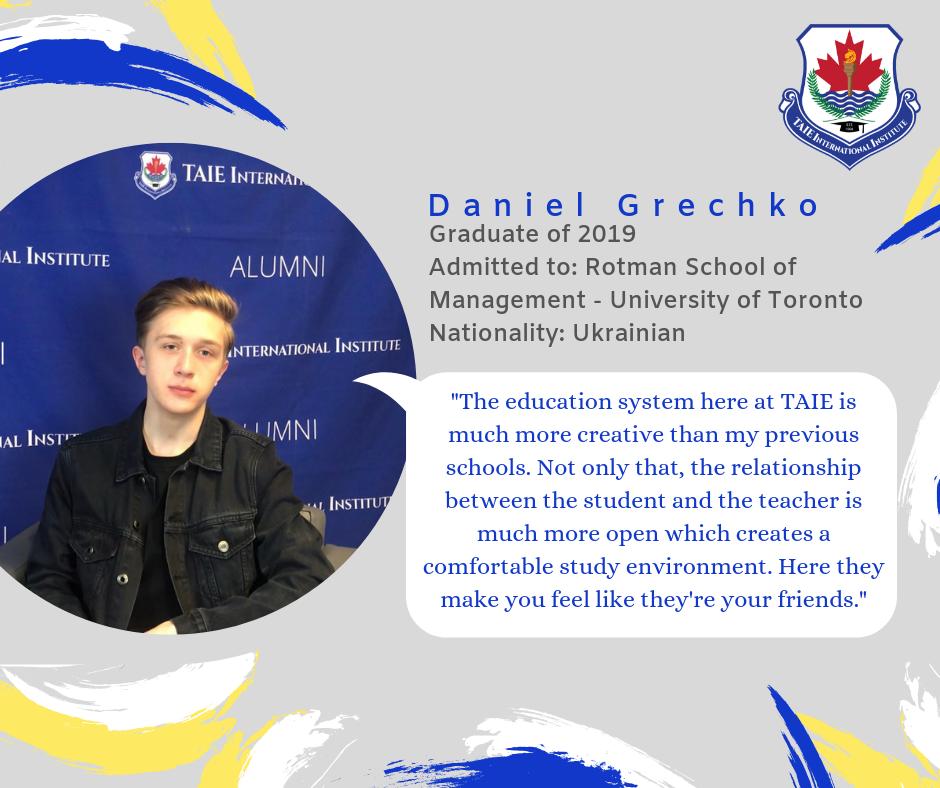 TAIEers's tweet photo. Here's one of our multi-talented student Daniel Grechko who will be going to @rotmanschool - @UofT this fall! He's also been a receiver of Excellence, Business and Humanities Awards at TAIE's Graduation Ceremony 2019. #UofT #Toronto #LifeAtTAIE https://t.co/gffIqxIDEh