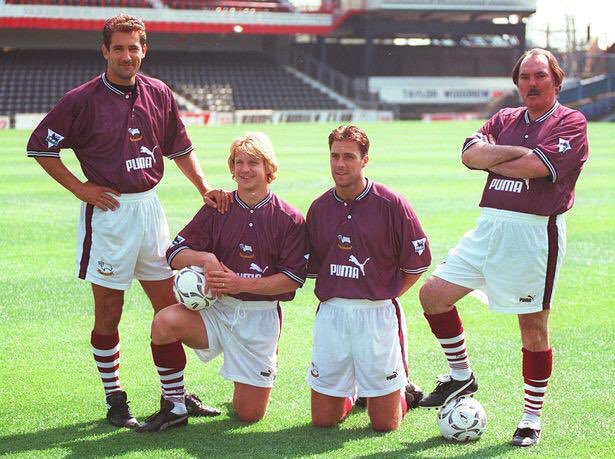 RetroRams's tweet photo. Derby's 1996/97 away kit is launched by Igor Stimac, Marco Gabbiadini, Ashley Ward and Kevin Lloyd (AKA Tosh Lines from The Bill). #DCFC #dcfcfans https://t.co/qgeNdlxTLz