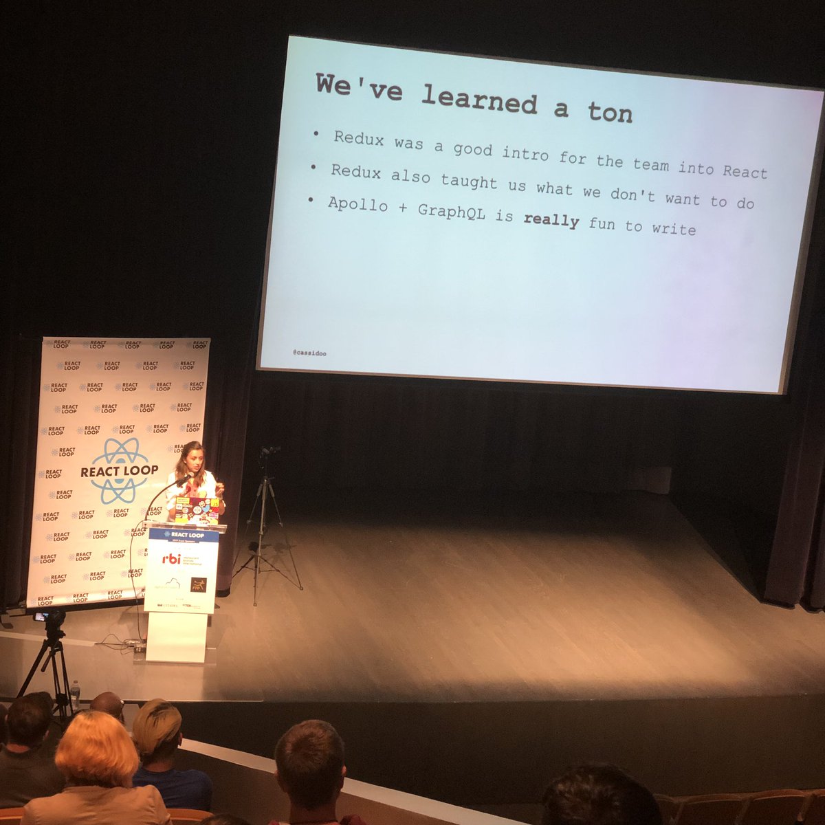 jbrancha's tweet image. Cassidy Williams showing us @CodePenโs incremental shift from Rails/jQuery to React+Redux to React+Apollo+GraphQL.
Full rewrites are rarely realistic, so itโs encouraging to hear about real world incremental rewrites. #ReactLoop19