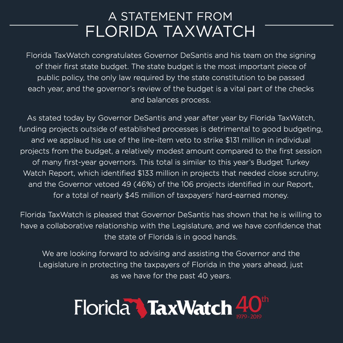 FloridaTaxWatch's tweet photo. Check out the latest statement from Florida TaxWatch Pres & CEO Dominic M. Calabro about today’s release of Governor DeSantis’ Budget Vetoes: https://t.co/yKXwgNRL4P #FlaPol #FLBudget #FL https://t.co/DyD8gYZGut