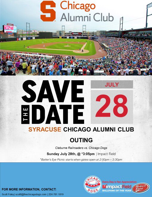 Save the Date! <a href="/SUAlumniClubCHI/">SU Alumni Club of Chicago</a> outing on Sun 7/28 as we head to <a href="/TheChicagoDogs/">Chicago Dogs</a> game. 2:05 PM start for our Batters Eye pre-game picnic; game starts at 3:05! Tickets are $28 for both, and can be purchased at: purchase.tickets.com/buy/TicketPurc…. #summertimechi #chicagodogsbaseball 🍊⚾️