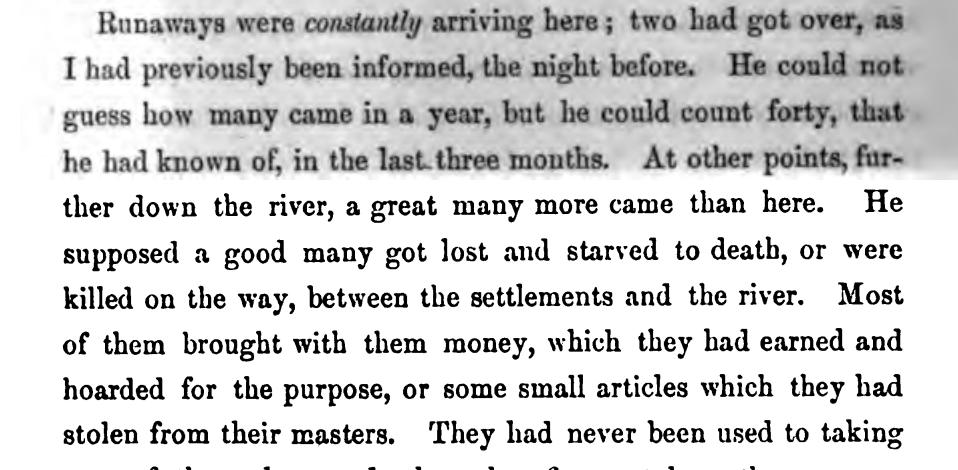 Frederick Law Olmsted saw escaped slaves in the 1850s when he visited Piedras Negras (where I also crossed the border). See pp 323-326 of his book A Journey Through Texas, which the late Tony Horwitz revisited in his great Spying on the South.  https://ia800302.us.archive.org/26/items/ajourneythrough00olmsgoog/ajourneythrough00olmsgoog.pdf 8/12